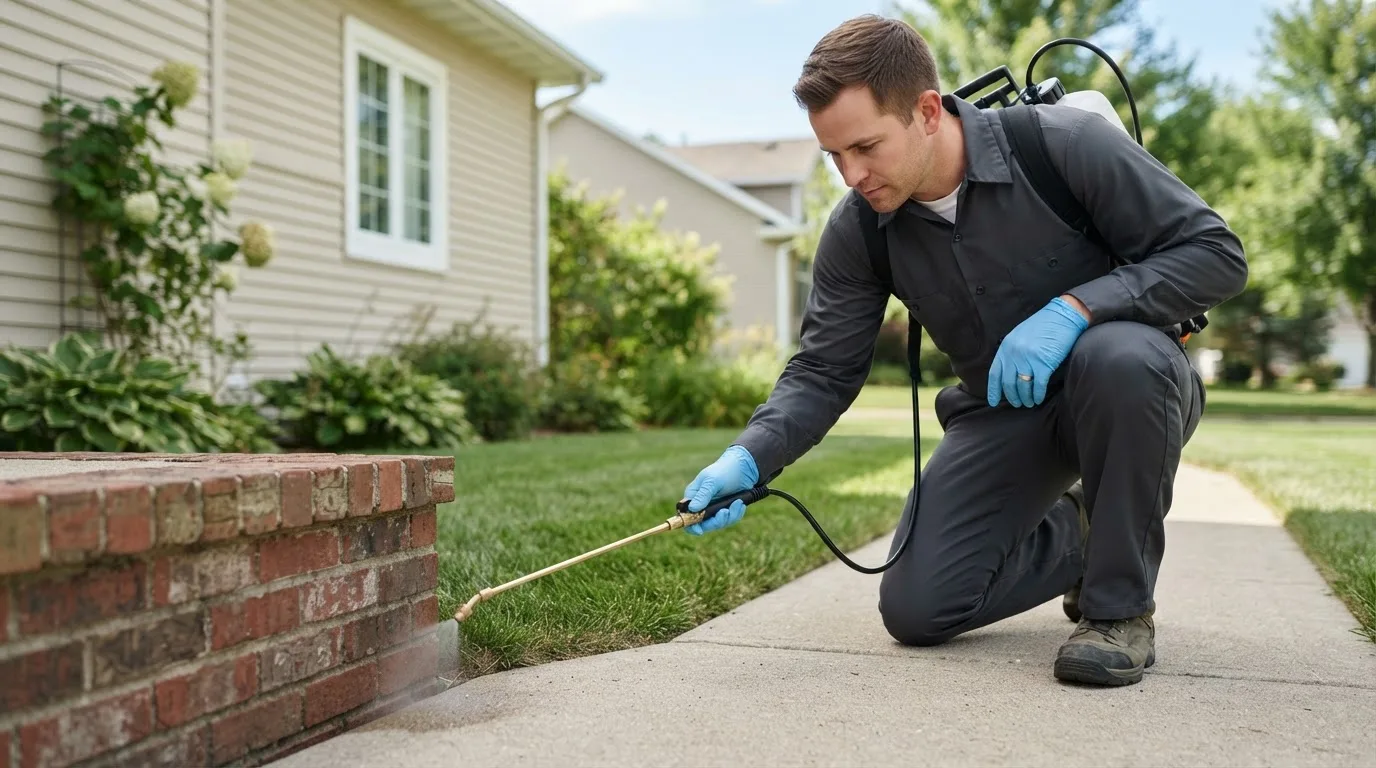Pest control technician treating a home near De Soto, GA